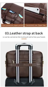 Brown genuine leather briefcase detail, front and rear zipper pockets with trolley strap design.