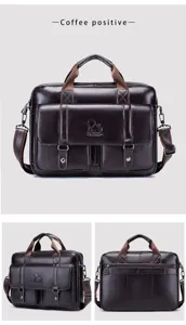 Detailed view of genuine leather business briefcase for men, large capacity computer bag.