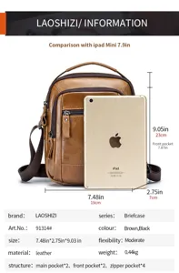 Mens leather shoulder bag casual crossbody bag retro business briefcase with multiple pockets.