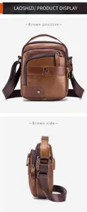 Men genuine leather shoulder bag brown multi-pocket casual cross body bag for daily use