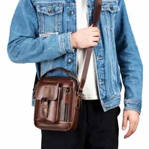 Genuine Cowhide Leather Men Messenger Bag Retro Casual Vertical Crossbody Bag Mini Handbag Business Shoulder Bag