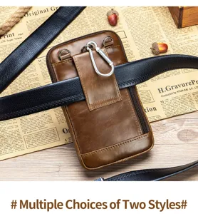 Brown leather phone waist bag for men vintage belt holster pocket pouch daily carry accessory detail