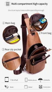 Men genuine leather chest bag large capacity vintage crossbody sling bag with multi pockets.