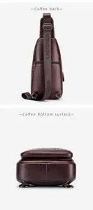 Detailed view of the brown leather sling bag, highlighting the back strap and reinforced bottom.