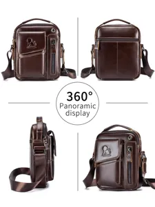 Genuine leather men's crossbody bag vintage brown shoulder bag multi-pocket travel casual daily.