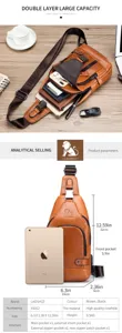 Men's genuine leather chest bag casual sling bag double layer large capacity brown color