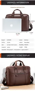 Men's genuine leather briefcase 15 inch laptop business bag multi-pocket shoulder bag brown.