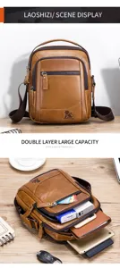 Detailed view of the brown leather men's shoulder bag showing multiple compartments and large capacity.