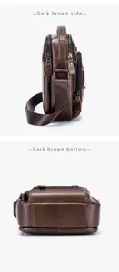 Detailed side and bottom view of men's genuine leather retro crossbody bag in dark brown color.