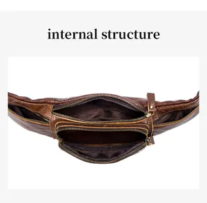 Genuine cowhide leather men waist bag chest bag multi zipper interior structure detail