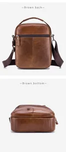 Close-up detail of brown genuine leather men's messenger bag showing back and bottom structure.