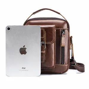 Genuine leather men vintage vertical crossbody bag casual small shoulder handbag with pockets.