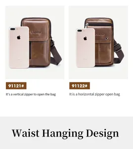 Detailed view of genuine leather men's waist bag with zipper pocket and belt loop design.