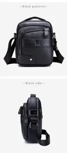 Men's genuine leather cross-body bag black cowhide business casual shoulder bag detail