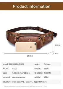 Detailed view of genuine leather men waist bag showing dimensions, material and internal structure clearly.