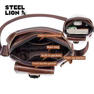 Men vintage genuine leather cross body bag casual vertical shoulder bag with multiple pockets