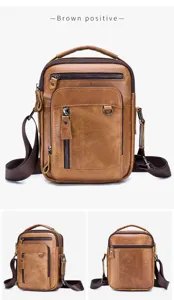 Brown genuine leather men cross-body bag detail view showing multi pockets and straps.