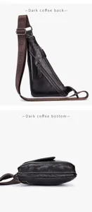 Men's genuine leather chest bag detail view, dark coffee sling bag in premium cowhide.