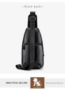 Black leather chest bag for men, stylish casual sling shoulder bag with adjustable strap.