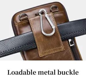 Close-up detail of genuine leather men phone waist bag with metal carabiner and belt loop.