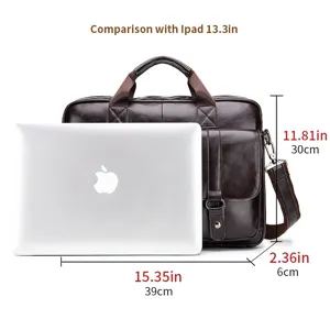 Detailed view of brown cowhide business briefcase with laptop size comparison and clear dimensions.