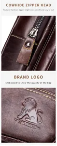 Premium cowhide leather chest bag detail view featuring smooth zipper and embossed lion logo.