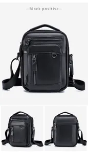 Black leather men shoulder bag close-up showing multi-pocket design and strap details.