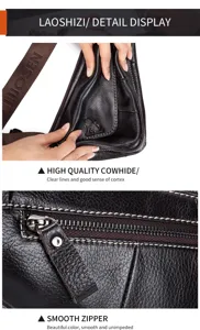 Genuine leather chest bag detail, clear cowhide texture, smooth metal zipper and stitching.
