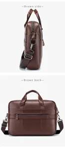 Men brown genuine leather business laptop briefcase with shoulder strap side and back view.