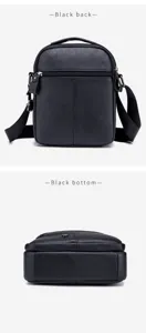 Men black leather crossbody bag detail view, top layer cowhide casual shoulder messenger bag.