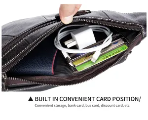 Detail view of men genuine leather chest bag showing interior card slots and compartment storage.