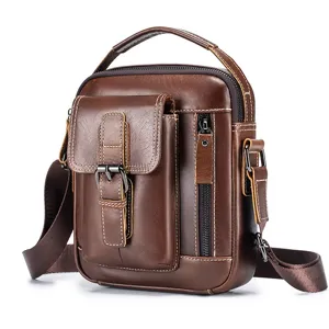 Men leather small crossbody bag vintage casual vertical shoulder bag mini handbag