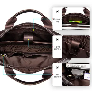 Premium cowhide men's business briefcase with multiple compartments for laptop and pen.