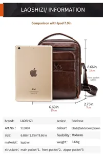 Men's vintage leather vertical crossbody bag detail view showing dimensions and structure specs.
