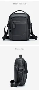 Men's black leather shoulder bag detail view, showing multi-compartment zipper design and strap.