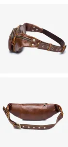 Vintage genuine leather waist bag for men, multi-function chest pack with metal zippers.