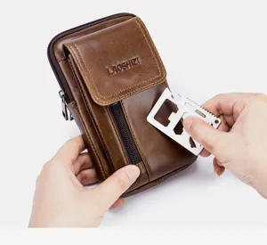 Men leather phone waist pouch tactical belt bag multi-function retro pocket brown detail