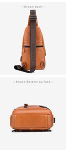 Genuine leather chest bag for men, casual brown sling bag with USB charging port detail view.