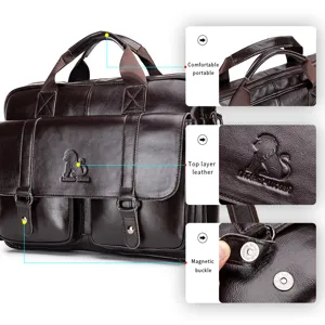 Close-up detail of top layer cowhide men briefcase featuring comfortable handle and magnetic buckle.