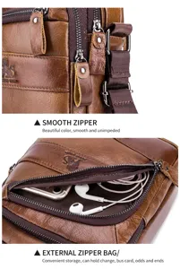 Men's genuine leather crossbody bag detail, brown shoulder bag with smooth metal zippers.