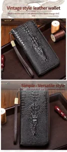 Vintage crocodile pattern leather long wallet with wrist strap and multiple card slots.
