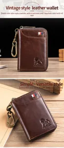 Vintage genuine leather key wallet with card slots, coin pockets and durable metal hook.