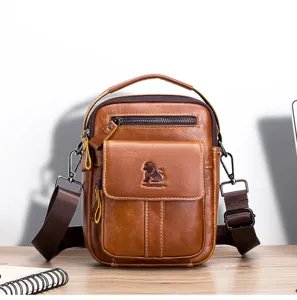 Brown genuine leather men's vertical shoulder bag with multiple functional pockets.