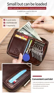 Detailed view of multi-functional leather key case wallet with card slots and keychains.