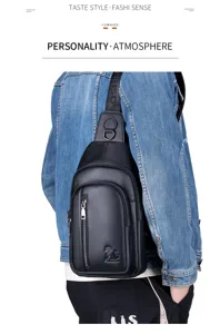 Men genuine leather chest bag stylish cowhide single shoulder crossbody daypack black color