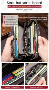 Genuine leather long wallet interior detail showing multiple card slots, bill compartments and phone pocket.