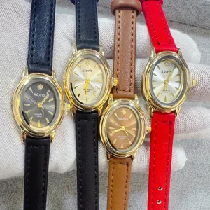 Kloris dames horloge ovaal quartz lederen band kleine wijzerplaat vintage retro