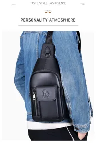 Black genuine cowhide leather sling chest bag for men, casual crossbody bag with zip pockets.