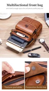 Men's genuine cowhide leather vintage vertical multi-functional shoulder crossbody bag.