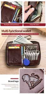 Genuine leather key wallet with multi card slots and key hooks, durable coin purse detail view.